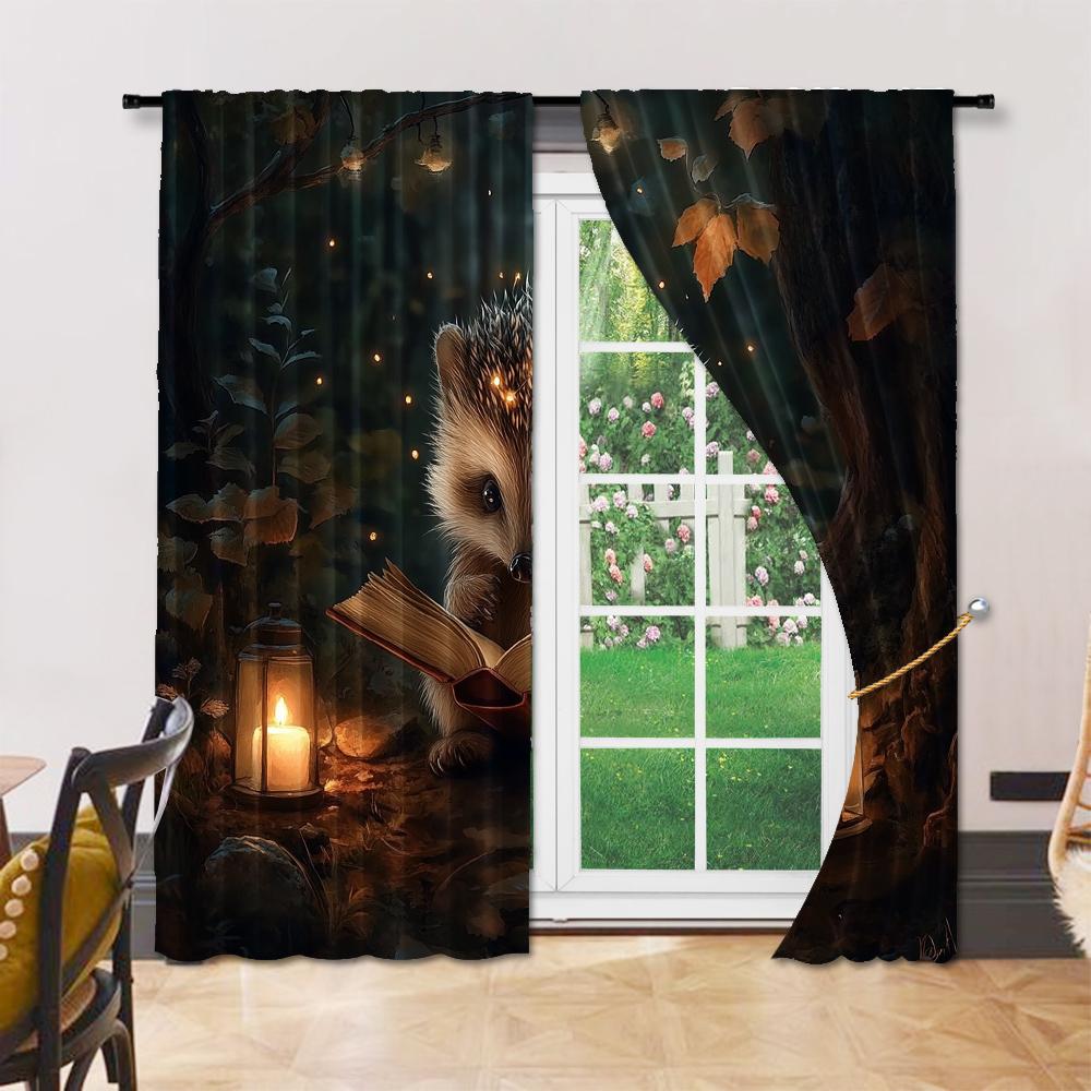 Versatile Polyester Transparent Curtains Home Decoration Hedgehog Reading Use Bedrooms Living Rooms Set Of 2 Made Area Decor