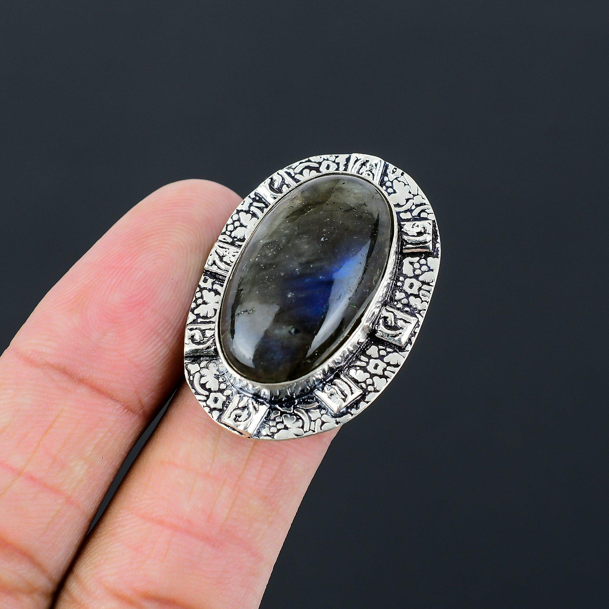 925 Sterling Silver Oval Labradorite Gemstone Solitaire Wife Ring Jewelry US 8.5 8.5