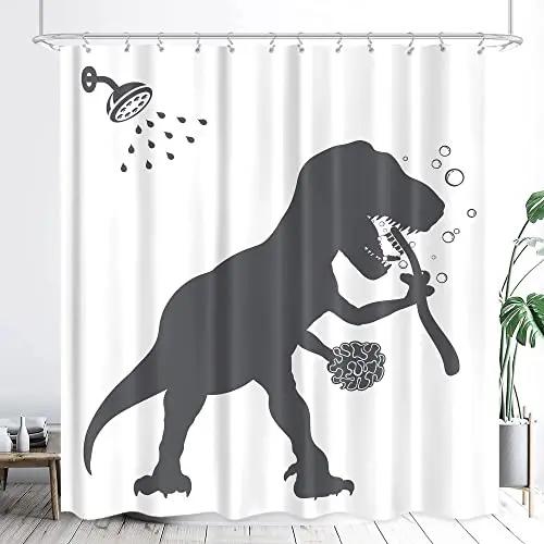 Dinosaur Funny Dino Kids Shower Curtains Bathroom Set Boys Animal Shadow Girls Cartoon Silhouette Black White Art Bathroom Decor