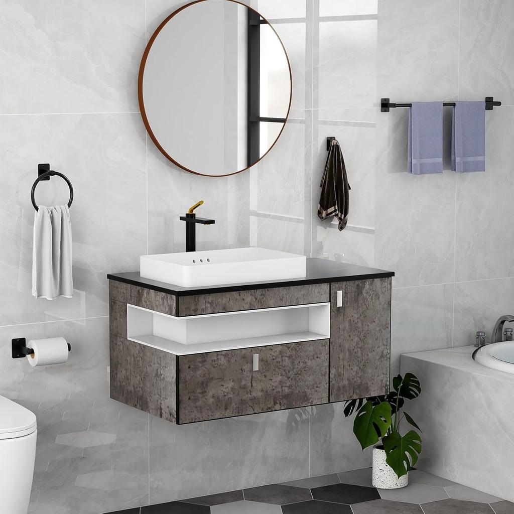 Matte Black 4-Piece Bathroom Accessories Set Aluminum Stainless Steel 24" Towel Bar Robe Hooks Toilet Paper Holder Wall-Mounted