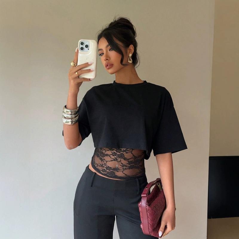 

Womens Solid Color Loose Fit Crop Top T Shirt S чорний