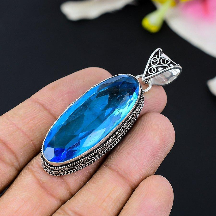 Blue Topaz Gemstone Handmade 925 Sterling Silver Jewelry Pendant 1.77" KG-123