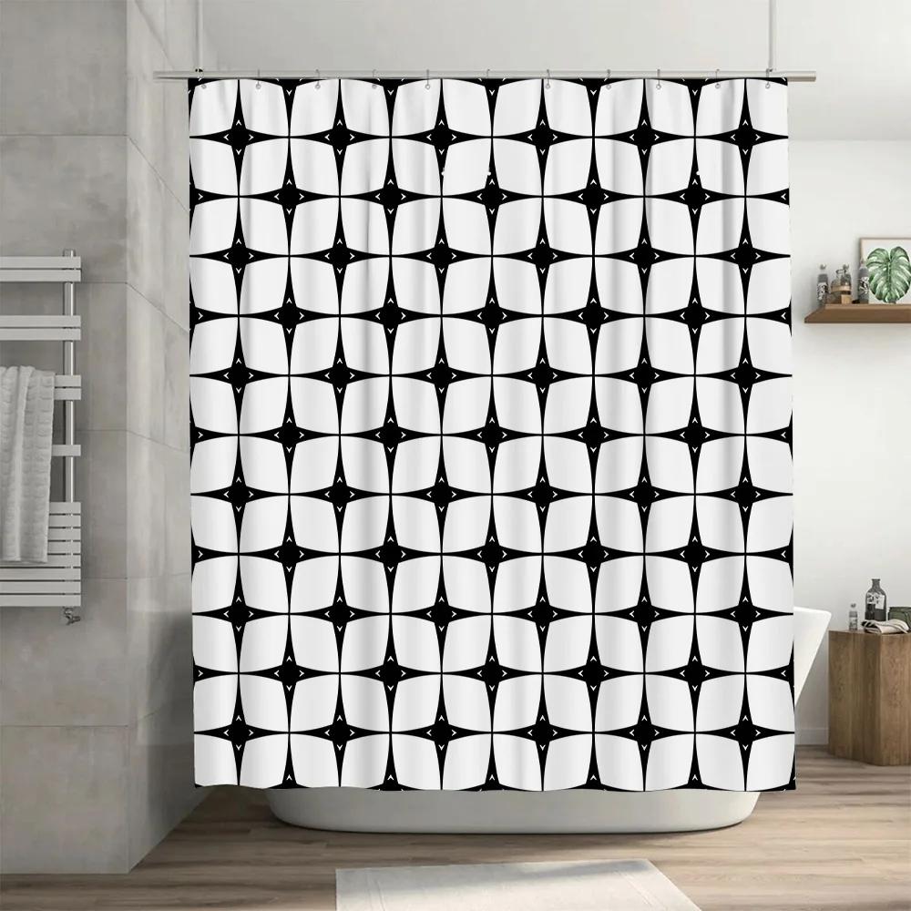 Black White Diamond Pattern Shower Curtain Water-Resistant Fabric Bath Decor Waterproof Privacy Screen 72x84in (180cm X 213cm)