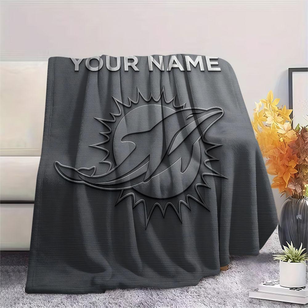 Custom Name,Miami Dolphins Printed Flannel Blanket, Soft Throw for Bedroom Sofa, Washable, Christmas Present, Great Gift.