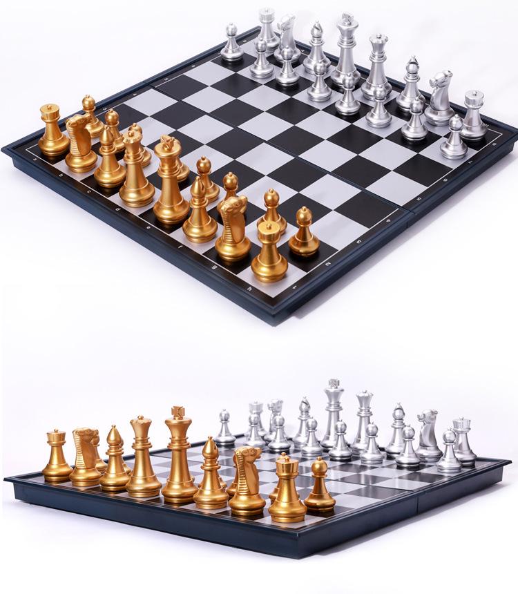 UB Magnetic Gold and Silver Folding International Chess Set - Medium Size for Adults and Kids