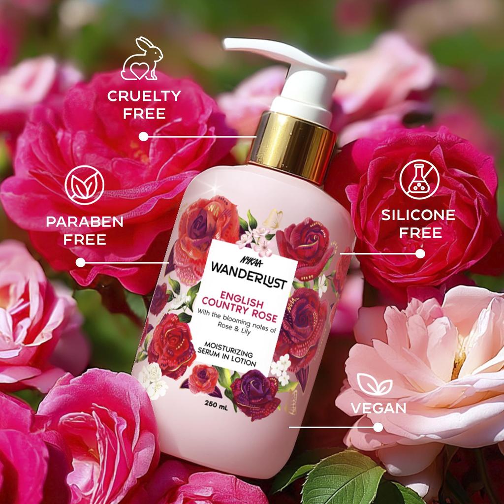 Nykaa Wanderlust English Country Rose Moisturising Body Lotion, 250 Ml |Rose Blended with Fresh Lily | Lightweight, Long-Lasting Hydration | Vega