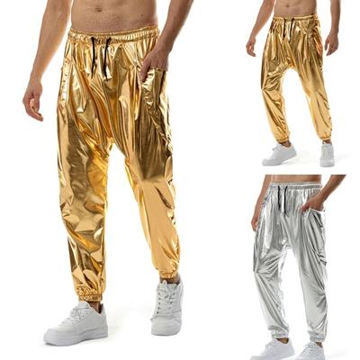 Men Pants Drawstring Elastic Waist Glossy Surface Loose Soft Breathable Side Pockets Pleated Long Jogging Trousers