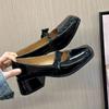 Spring new high heels medium thick heel fashion square head bright leather single shoes shallow mouth bow Mary Jane shoes women's shoes trend
