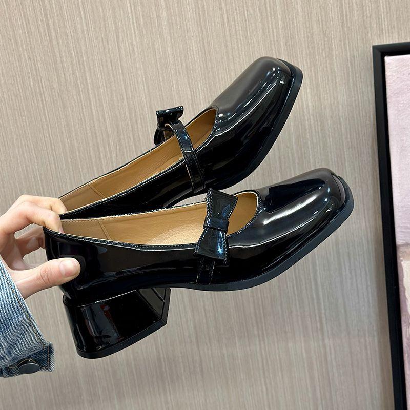 Spring new high heels medium thick heel fashion square head bright leather single shoes shallow mouth bow Mary Jane shoes women's shoes trend