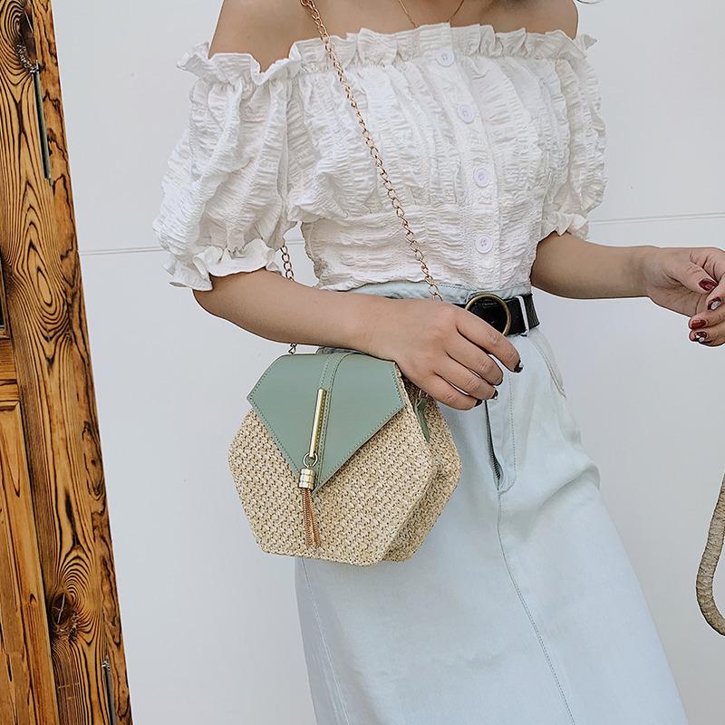 Summer Straw Bag Women Hexagon Chain Crossbody Bag Handmade Weaven Shoulder Bag Fashion Tassel Messenger Bag