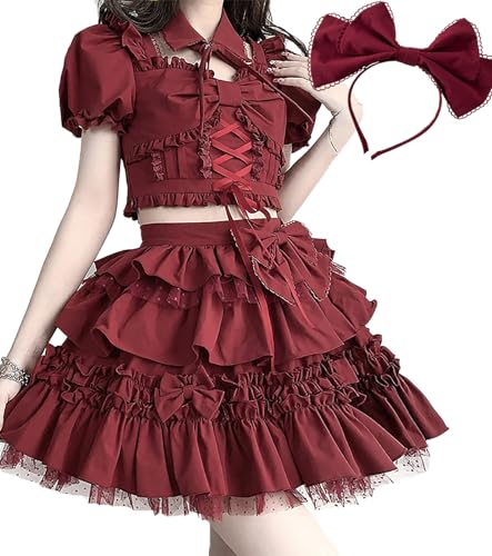 SUNNYSTEP Ruffled Mini Dress, Cosplay Costume, Gothic, Black, Red, Sexy, Short Sleeves, Gothic Lolita, Stage Costume, Photography (M, RED)