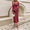 Knitted Women Dress Long Sleeve V Neck Elegant Autumn Robe Fashion Casual Dresses