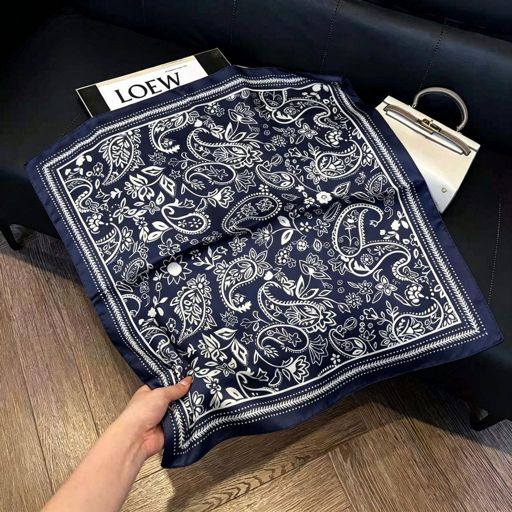 71Cm New Chinese Simulation Silk Square Scarf Soft and Skin-friendly Ink Flower Rhyme Printing Silk Scarf Neck Sunscreen Small Scarf
