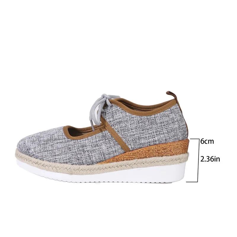 Handmade Slope Heel Cloth Shoes Women Breathable Comfort Mum Shoes Tenis Platform Non-slip Casual Footwear Front Tie Sneakers