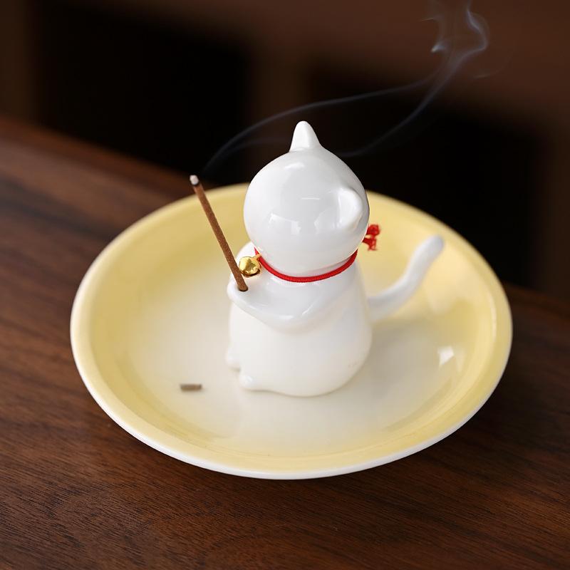 Cute Wishing Cat Ceramic Incense Burner Decoration Indoor Line Incense Holder for Tea Table | Temples Yoga Studios Home Decor