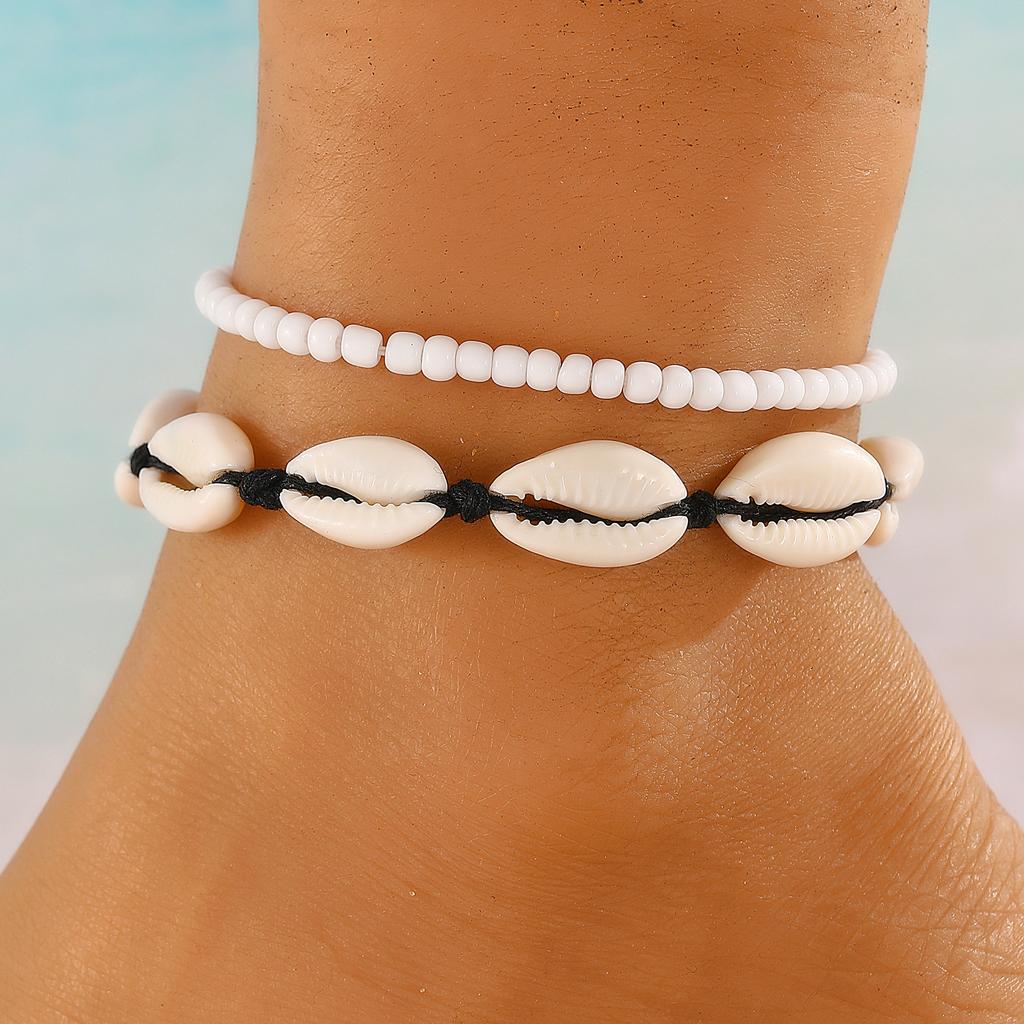 Bohemian Beach Anklet Set, Multi-Layer Beaded & Shell Charm Ankle Bracelets with Starfish, Turtle, Tassel Details