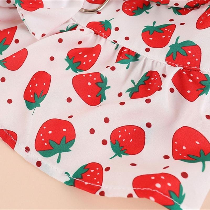 Lovely Strawberry Print Pet Dress Harnesses Holiday Washable Pet Costume with Bowknot and Matching Leashes