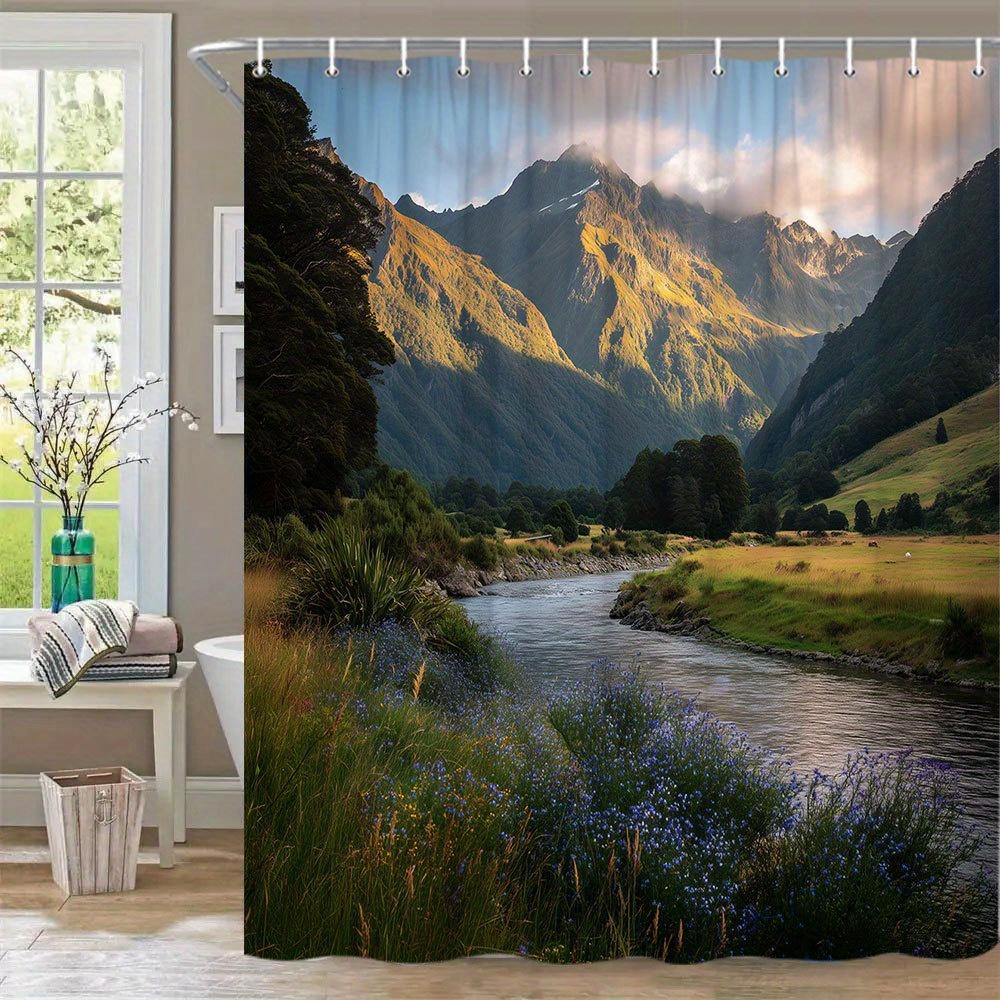 

1pc Mountain Sunset Shower Curtain - Snow-Capped Peaks, Golden River & Wildflowers Serene Landscape Photography Print, Durable 90x180cm