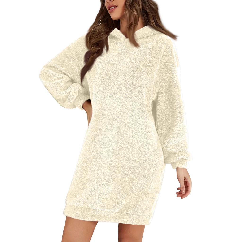Moda feminina cor sólida com capuz manga comprida vestido de pelúcia solto moletom casual