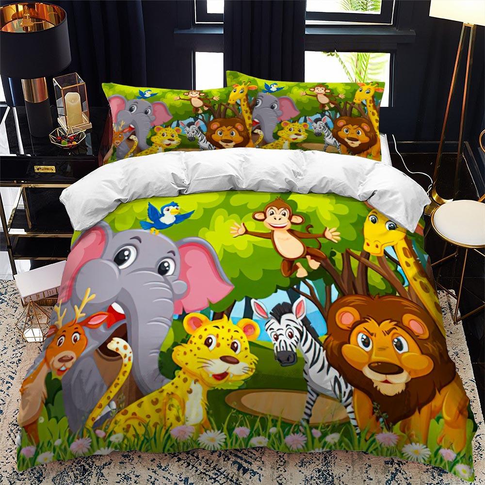 Zoo Duvet Cover Set King Queen Size Animal In The Forest Cartoon Illustration Lion Panda For Kids Girl Boy Polyester Bedding Set