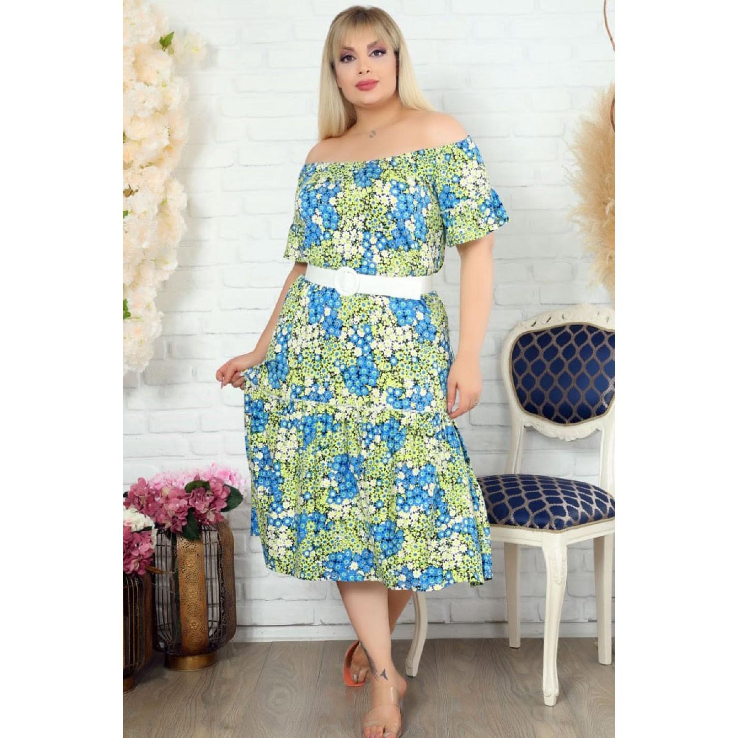 

Special Design Madonna Collar Flower Flower Short Arm Belt Casual Dress 42-44 зелений