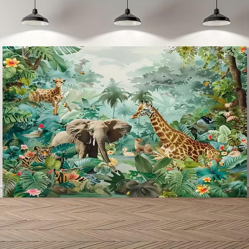 2D Tropical Jungle Elephant Giraffe Tiger Tapestry Safari Kids Birthday Photo Background Cloth 47.2x31.5inch/120*80cm