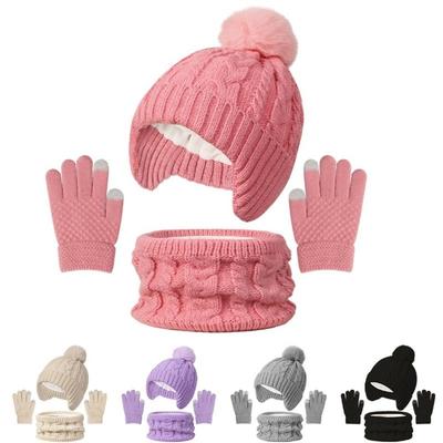 Winter Toddler Bonnet 3-10Y Pompom Knitted Hats New Hat Scarf Gloves Set  Children's Outdoor