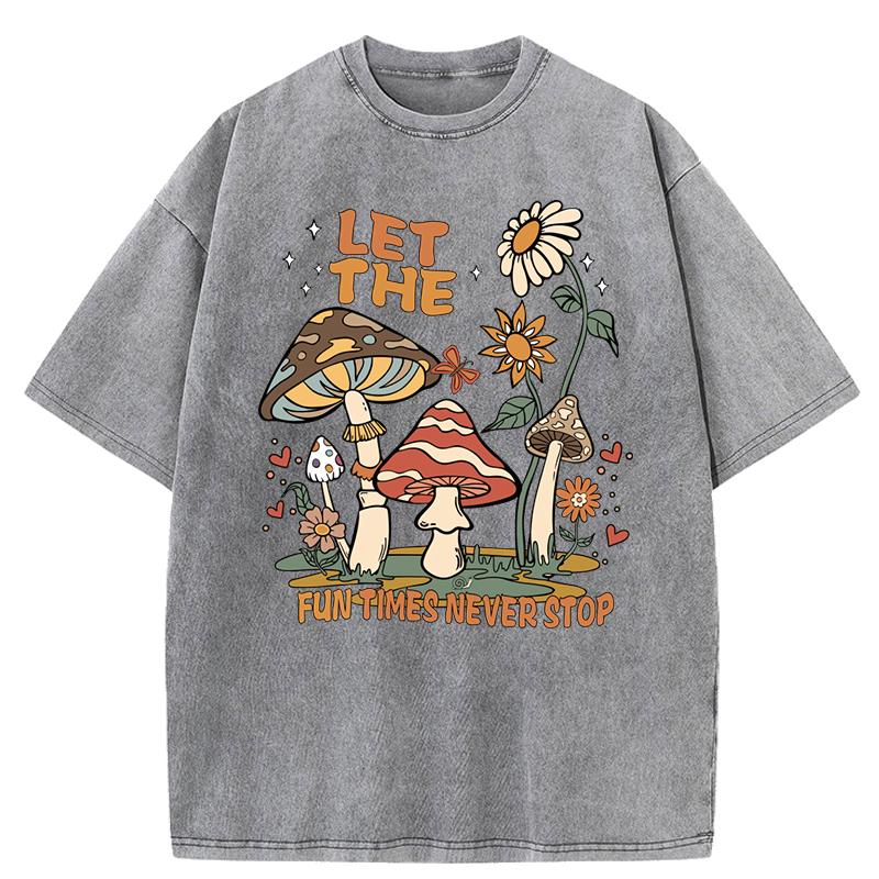 Fun Times Never Stop Mushroom Sunflower Print Washed Womens T-Shirt Loose T Shirts Summer Cotton Streetwear Clothes