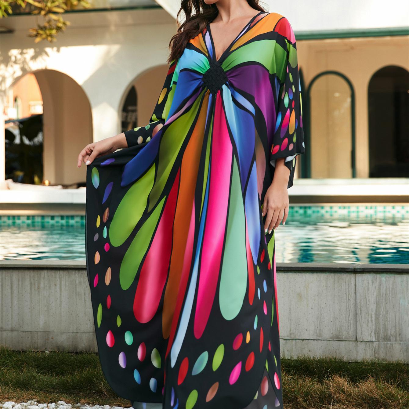 

YYFS женская мода отпуск лето весна принт бабочки с длинным рукавом v-образным вырезом повседневные платья One Size разноцветный