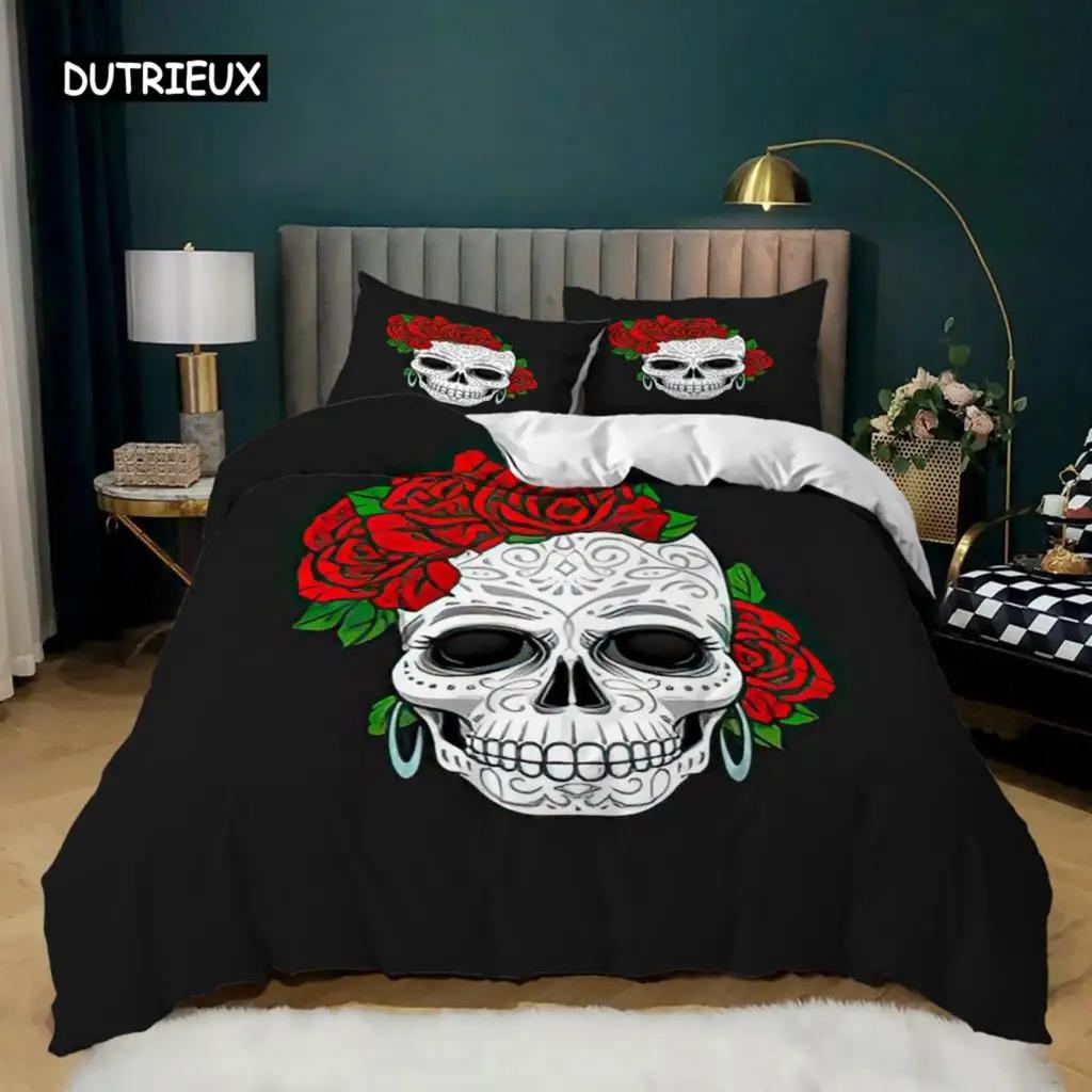 Skull Duvet Cover Queen Size Gothic Skeleton Bedding Set Rose Flower Polyester Comforter Cover for Kids Teens Adults Halloween
