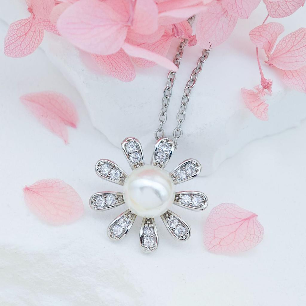 Necklace Female Sunflower Pearl Necklace Autumn and Winter Fashion Versatile Light Luxury Titanium Steel Non-fading Clavicle Chain Full of Diamond