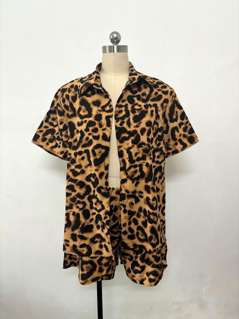 Leopard Print Short Sleeve Shirt & Shorts Set - Women's Summer Two-Piece