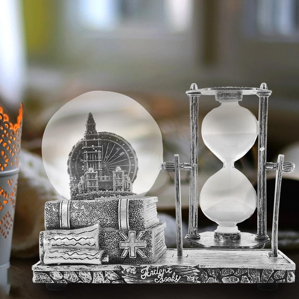 Vintage Resin Sand Clock Desktop Decor with Crystal Snow Globe Design Retro Hourglass Ornament for Office Home Living Room Table