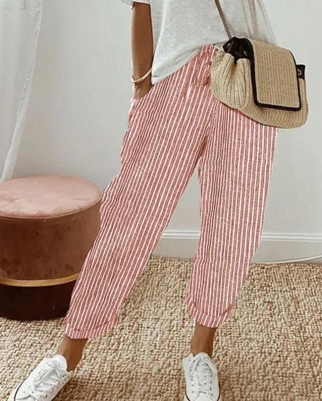 Women's Summer Fashionable Loose Stripe Printed Elastic Waist Drawstring Casual Pants