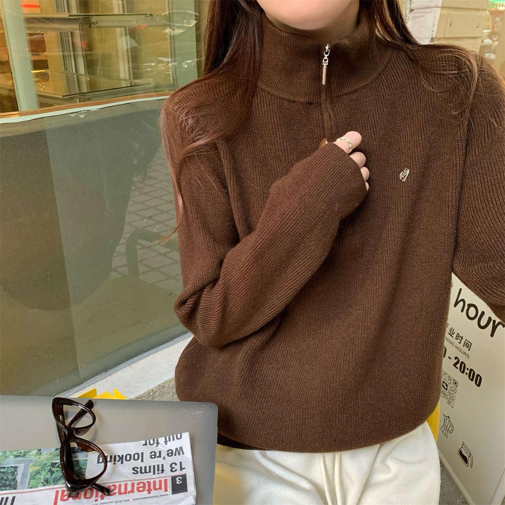 Autumn and winter new semi-zipper stand-up neck sweater knitted sweater loose and versatile Andy fleece long-sleeved top women