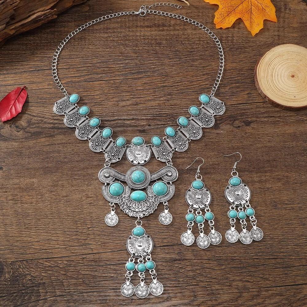 Western Jewelry Set Ethnic Vintage Imitation Turquoise Coin Tassel Necklace Earrings for Women Party Accessories