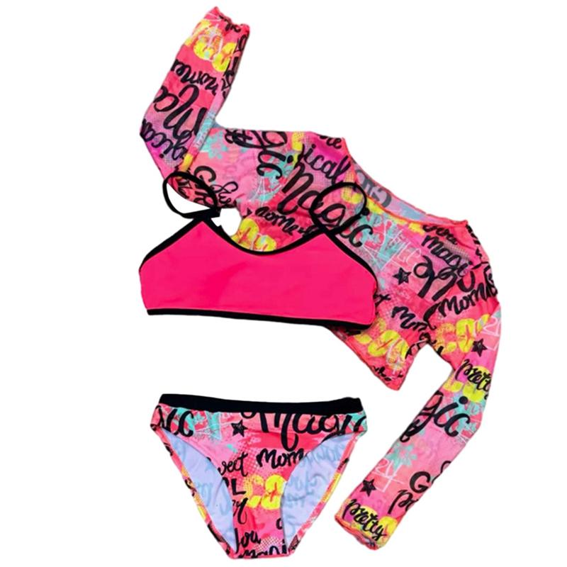 7-12 let Děti Dívky Graffiti Plavky Dlouhý Rukáv Top s Vysokým Pasem Podprsenka a Kalhotky 3ks