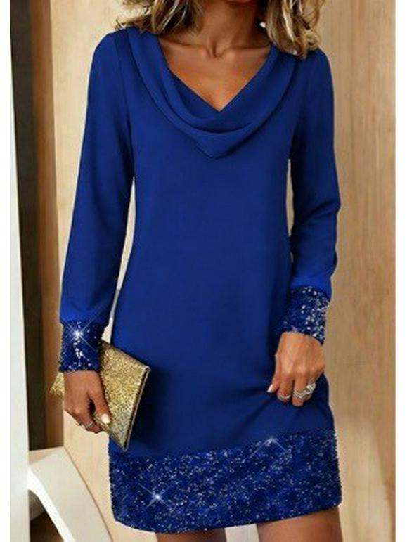 

European Style Mesh Sequin Dress with Ruffle Collar and Long Sleeves for Women S синий