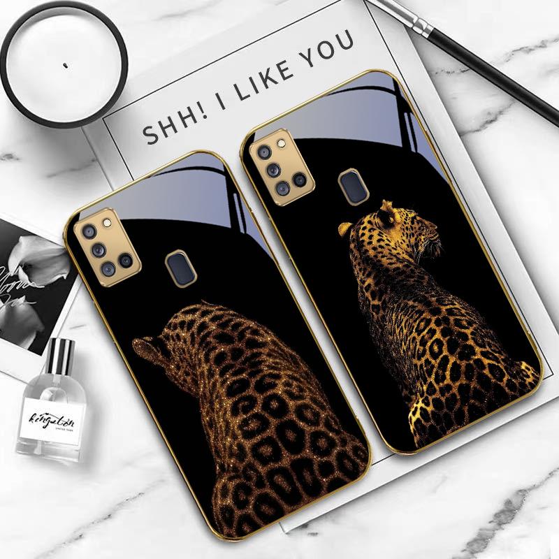 Leopard Background Black For Samsung A 31 32 A33 A34 35 14 A15 13 16 25 26 50 52 53 54 55 56 70 71 72 73 Golden Glass Phone Case