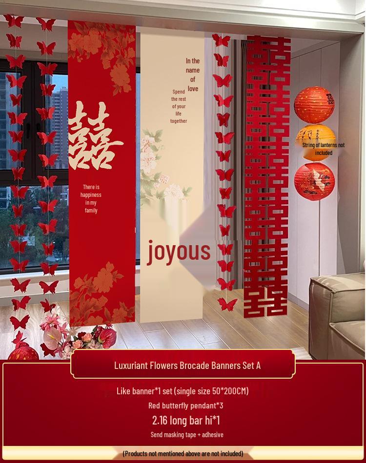 Double Happiness Wedding Room Cloth Banner Set for Ceremony and Hotel Décor