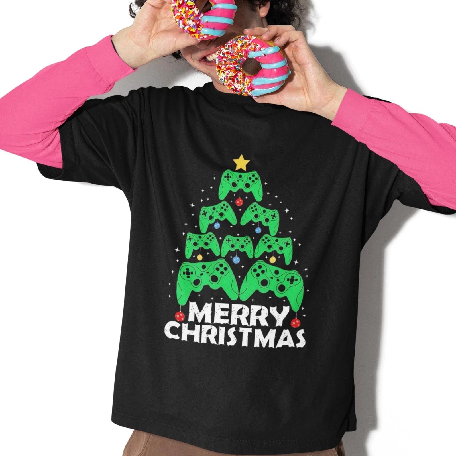 Gamer Christmas Tree Controller Graphic T Shirt Merry Christmas Gift Video Game L