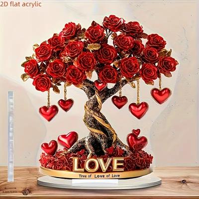 Élégante décoration d'arbre de roses en cristal en forme de cœur « Arbre de l'Amour » base dorée - la meilleure décoration pour la Saint-Valentin