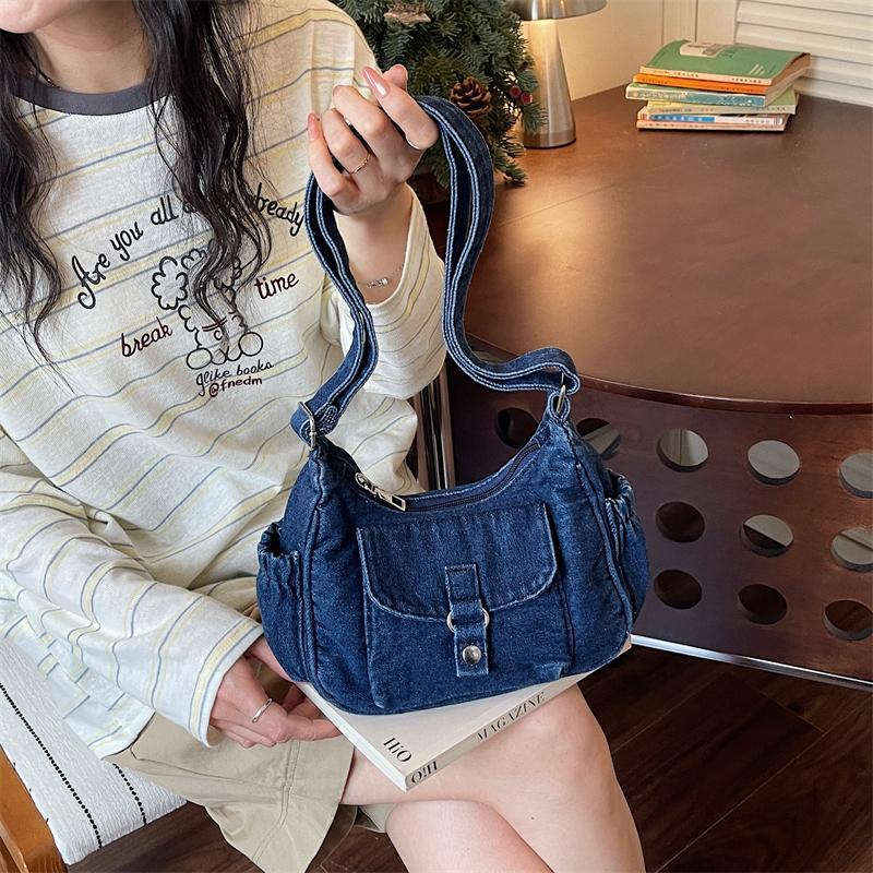 Borsa a tracolla in denim da donna, alla moda, per tutti i giorni, con tasca frontale, stile casual, borsa a mano