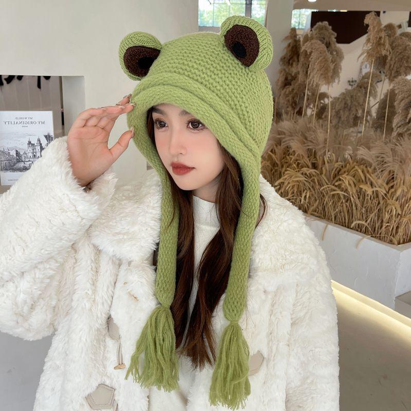 Froschmütze, Damen Strickmütze Winterwärme Quaste Winter Ohrenschutz Zehenkappe Grüne Wollmütze