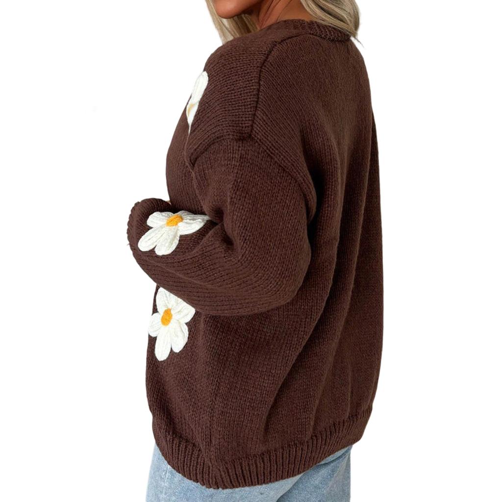 Damen Strickjacke Lockerer Schnitt Farbe mit Großem Blumendruck für Lässige Alltagsmode