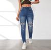 Women's Fashion Ripped Denim Leopard Print Casual Middle Waistline Trousers Pants & Capris Casual Trousers
