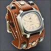 Vintage Rivets Genuine Leather Men Quartz Watch With Hand Stitched Wide Leather Strap Punk Hip Hop Style