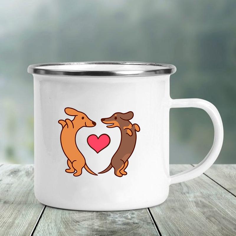 Emaille-Tasse mit Aufdruck „I Love Dackel“, kreatives Glas, für Kaffee, Getränke, Dessert, Milch, Tasse, Glas, Vintage, beheizbarer Griff, Trinkgeschirr, Geschenke