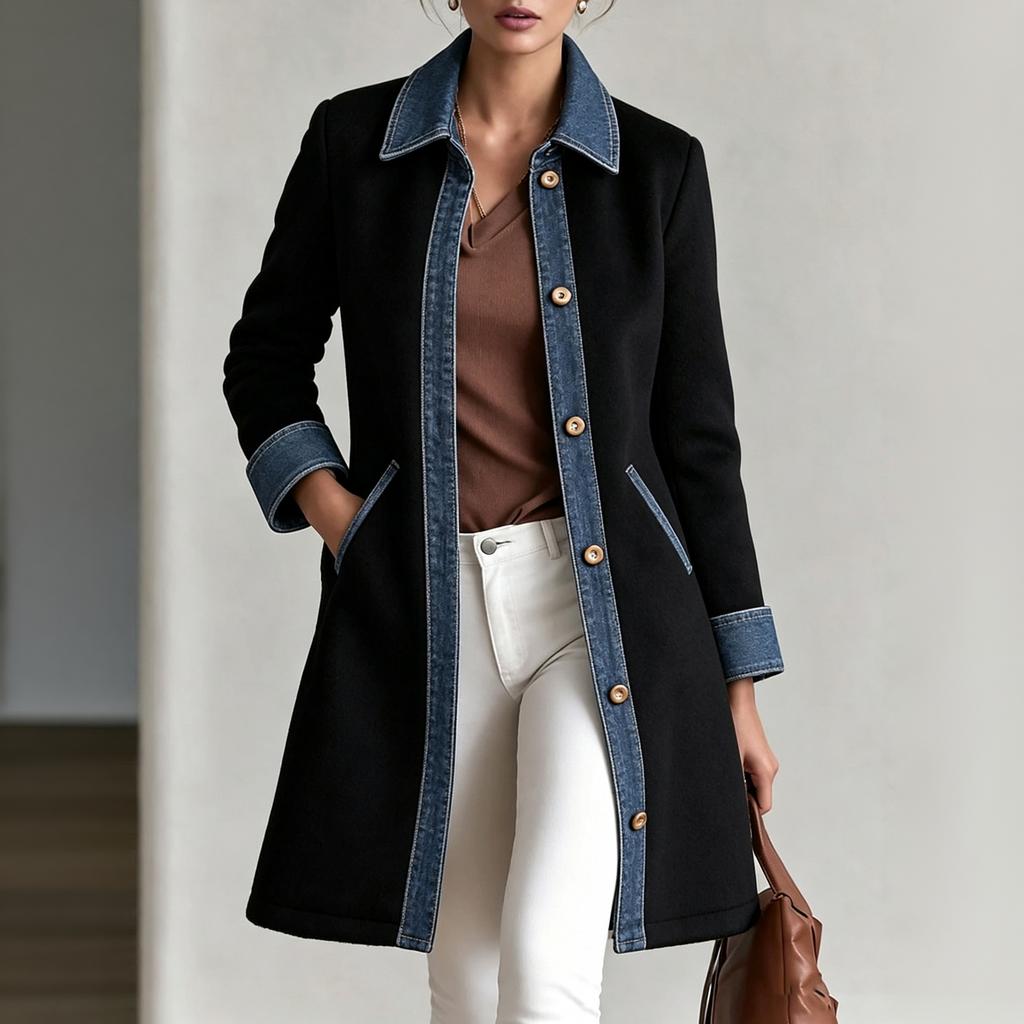 Women's Mid-Length Single-Breasted Coat with Lapel Collar Slim Fit Casual Outerwear