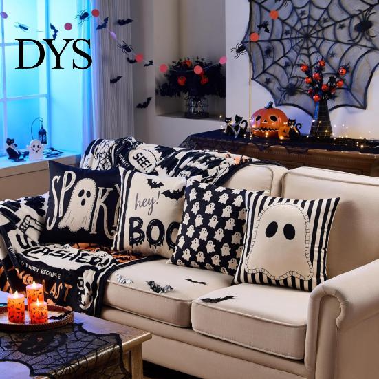 Ghost Print Throw Pillow Covers Halloween Cushion Cover, Retro Pumpkin Case, 18x18 Party Room Decor Inch Washable Cover for Sofa Couch Bed Breathable